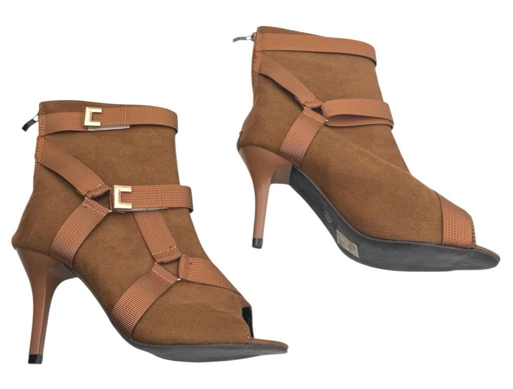 Brown Suede Calf Boots Women's UK Size 3 Peep Toe. Gold Buckles Stiletto Boots