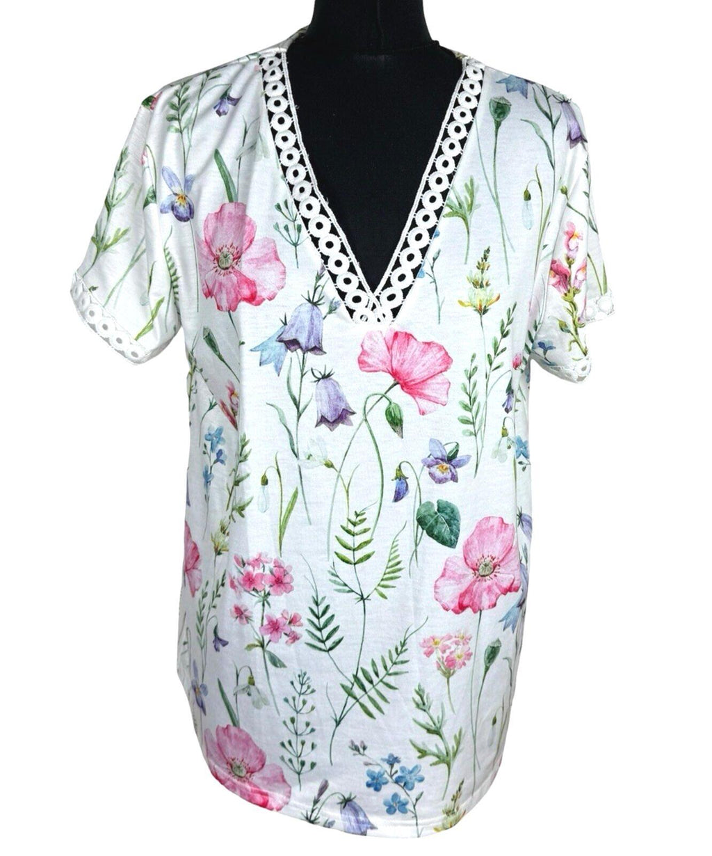Just Fashion V-Neck Blouse Top Women's UK Size M Floral Print Contrast Lace Trim