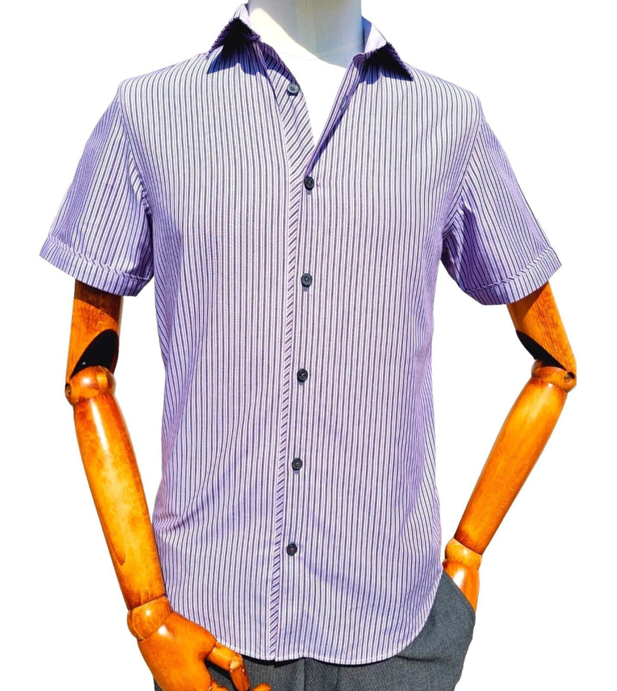 Jeff Banks Mens Shirt Small Purple White Stripe Short Sleeve Cotton Casual Smart