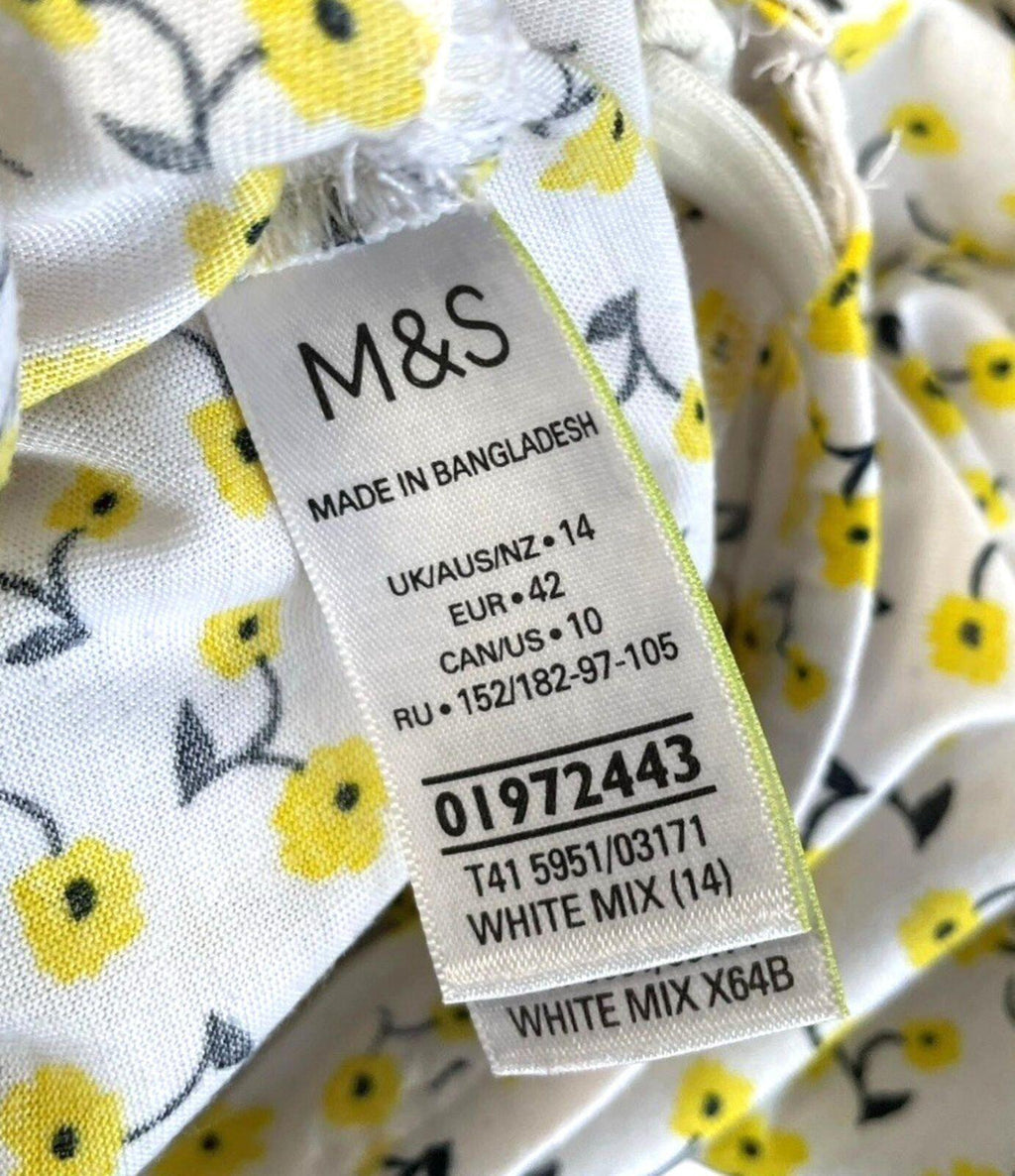 Marks & Spencer White Yellow Floral T-Shirt Blouse Women's UK Size 14 Crew Neck