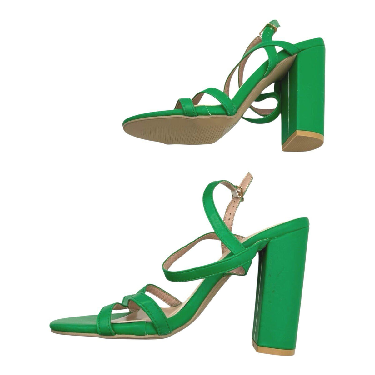 Green Strappy Block Heel Shoes Women's UK Size 3.5 Open Toe High Heel