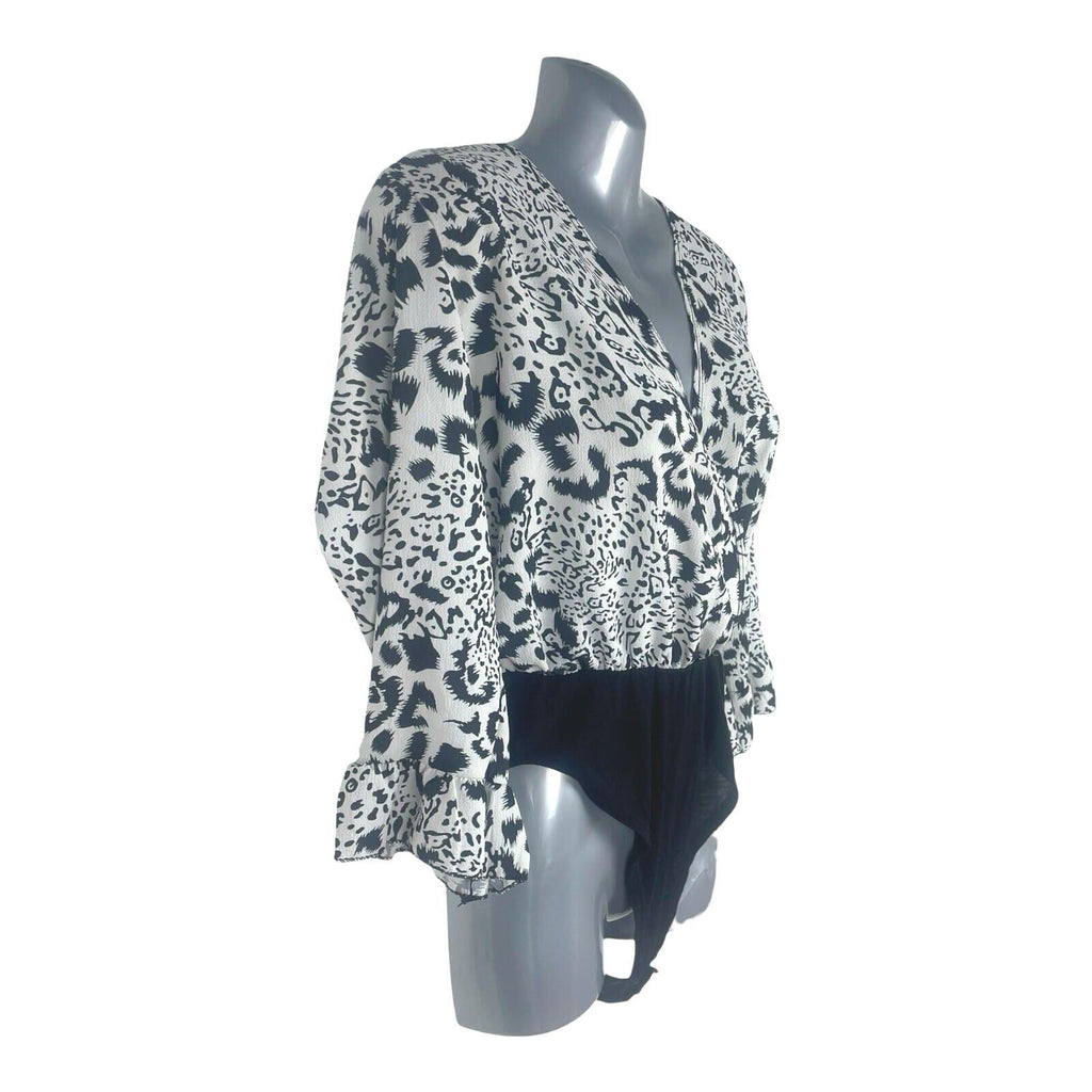 Boohoo Animal Print Bodysuit Top Women's UK Size S Long Sleeve White Black