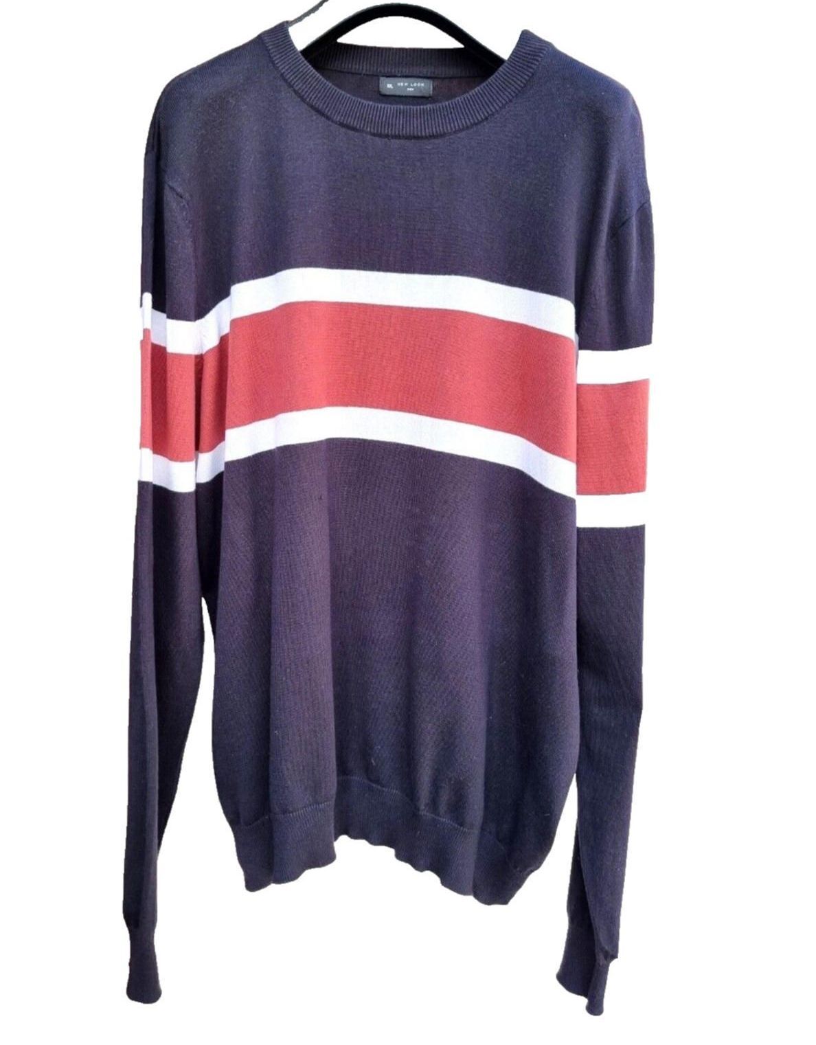New Look Knit Jumper Men’s UK Size 2XL Navy Blue Stripe Detail Crew Neck