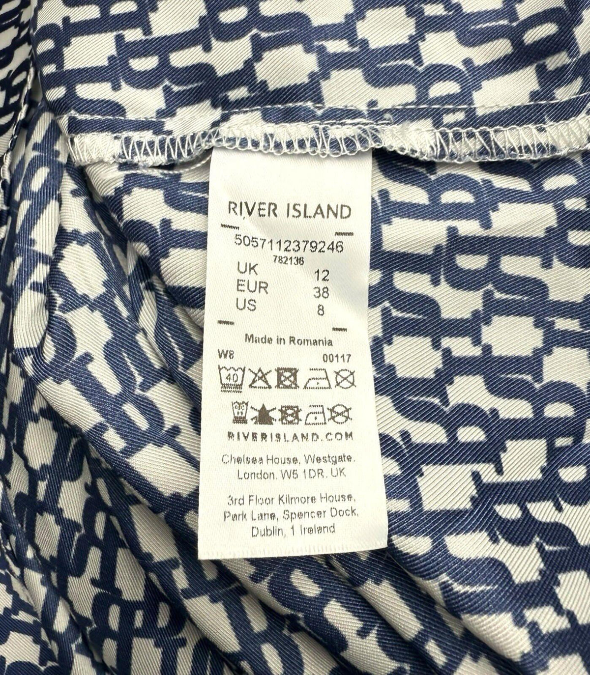 River Island Satin Off Shoulder Top Women's UK Size 12 Logo Print White Navy