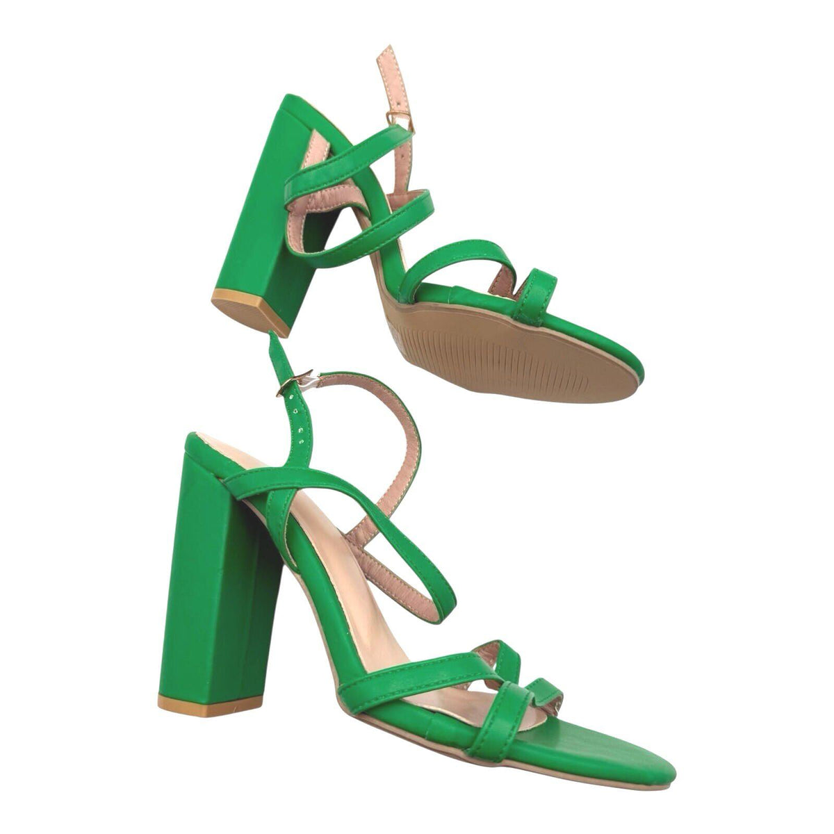 Green Strappy Block Heel Shoes Women's UK Size 3.5 Open Toe High Heel