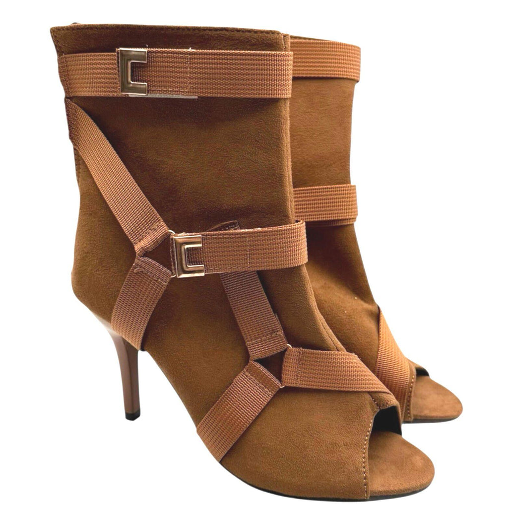 Brown Suede Calf Boots Women's UK Size 3 Peep Toe. Gold Buckles Stiletto Boots