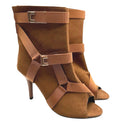 Brown Suede Calf Boots Women's UK Size 3 Peep Toe. Gold Buckles Stiletto Boots