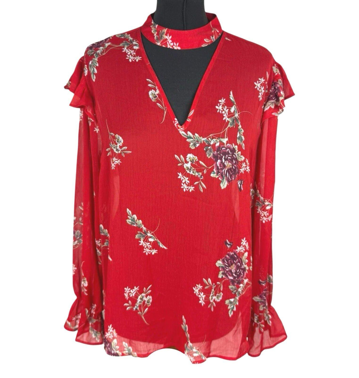 Primark Floral Blouse Women's UK Size 14 Long Sleeve Ruffled Cuffs Choker Neck