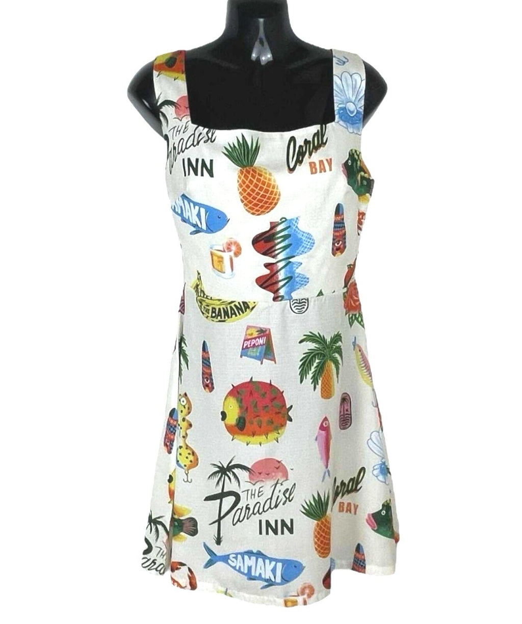 Comense White Comense Retro Summer Dress Women's UK Size M Lace Up Back Mini Multicolour Print