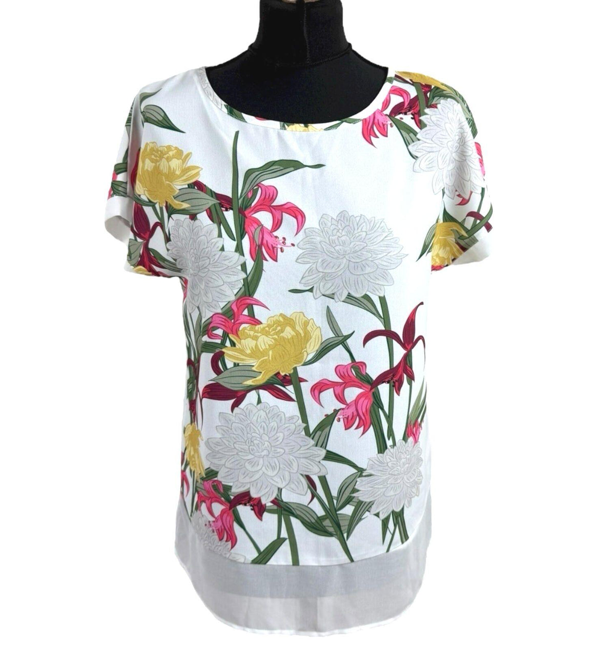 Soon White Floral T-shirt Top Chiffon Panel Relaxed Fit Women's UK Size 8