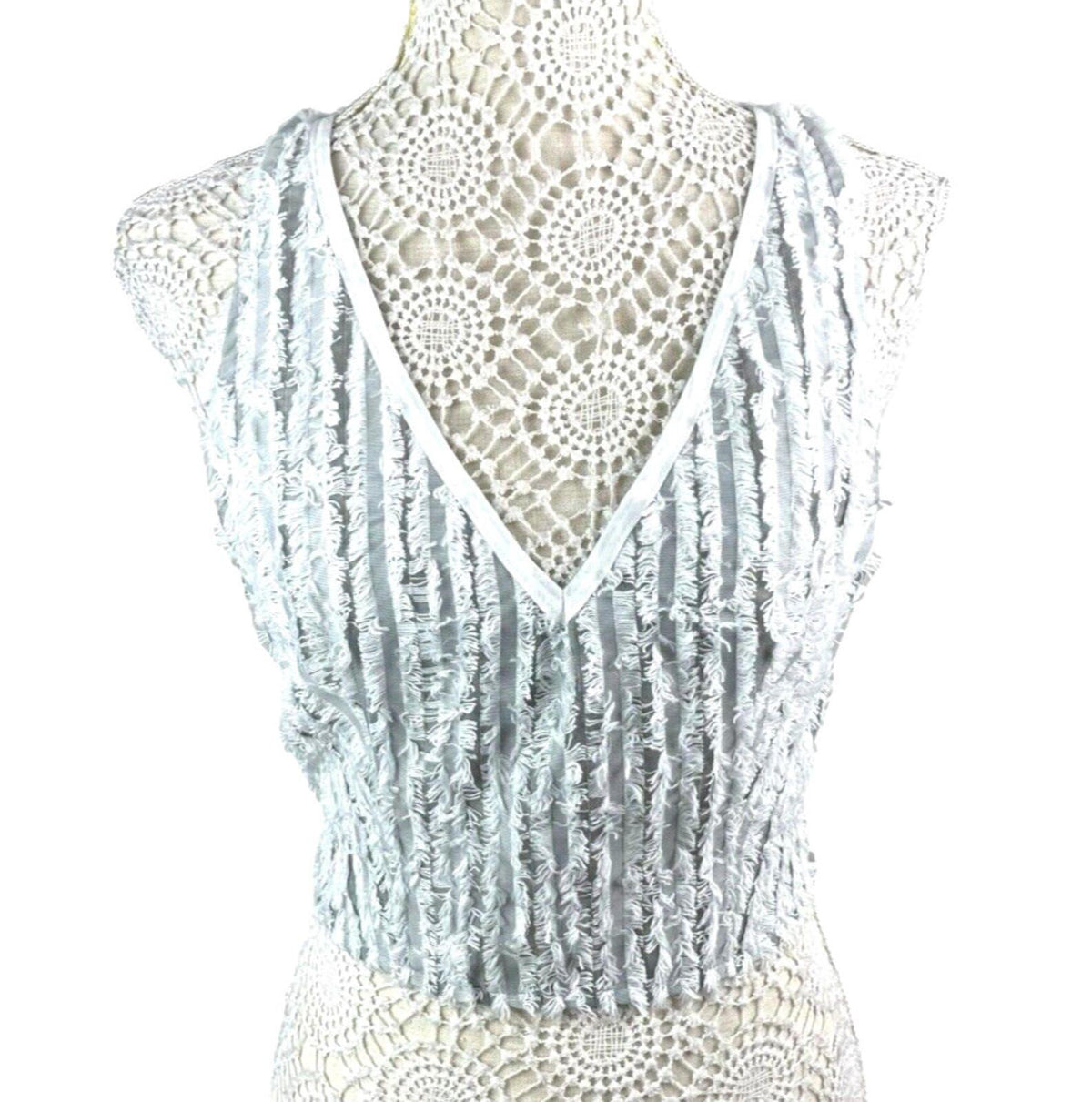 Pretty Little Thing Grey Mesh Vest Top Frayed Stripe Detail Women's UK Size 8
