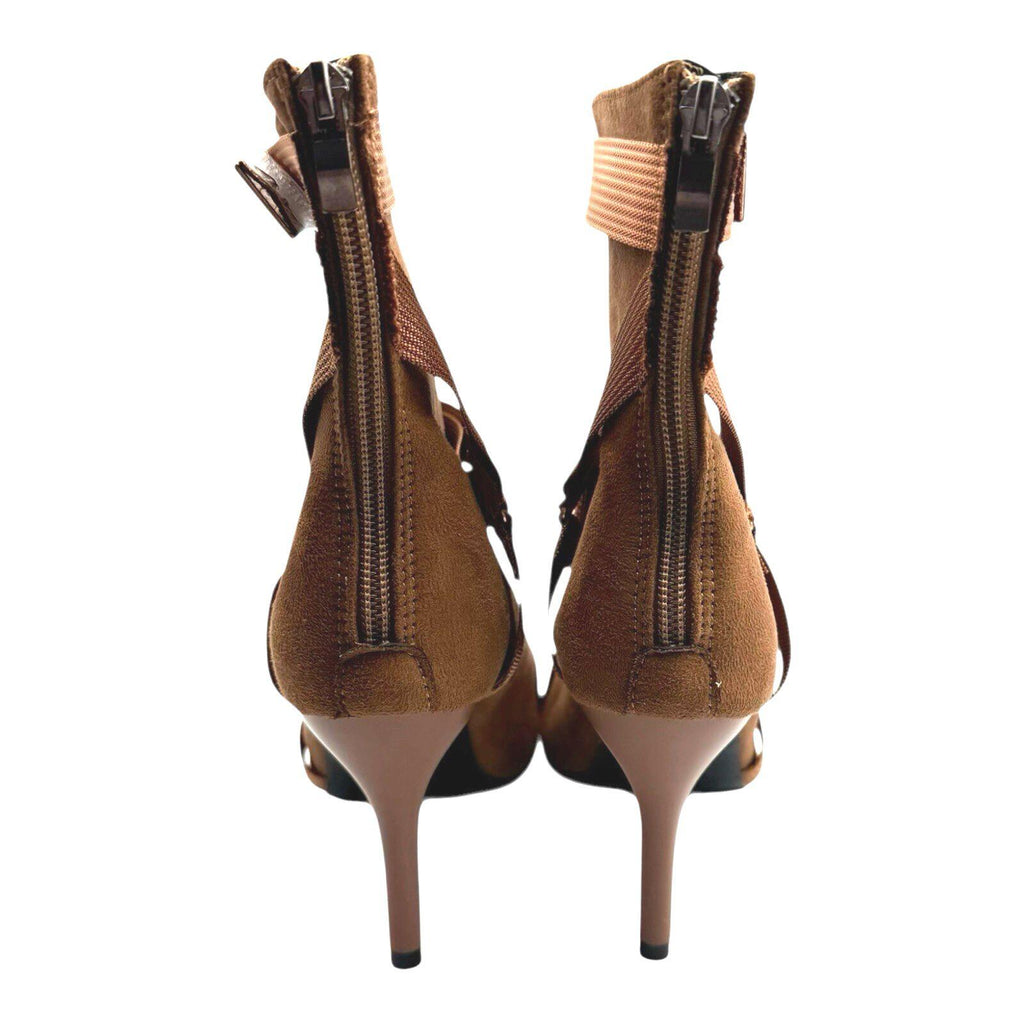 Brown Suede Calf Boots Women's UK Size 3 Peep Toe. Gold Buckles Stiletto Boots