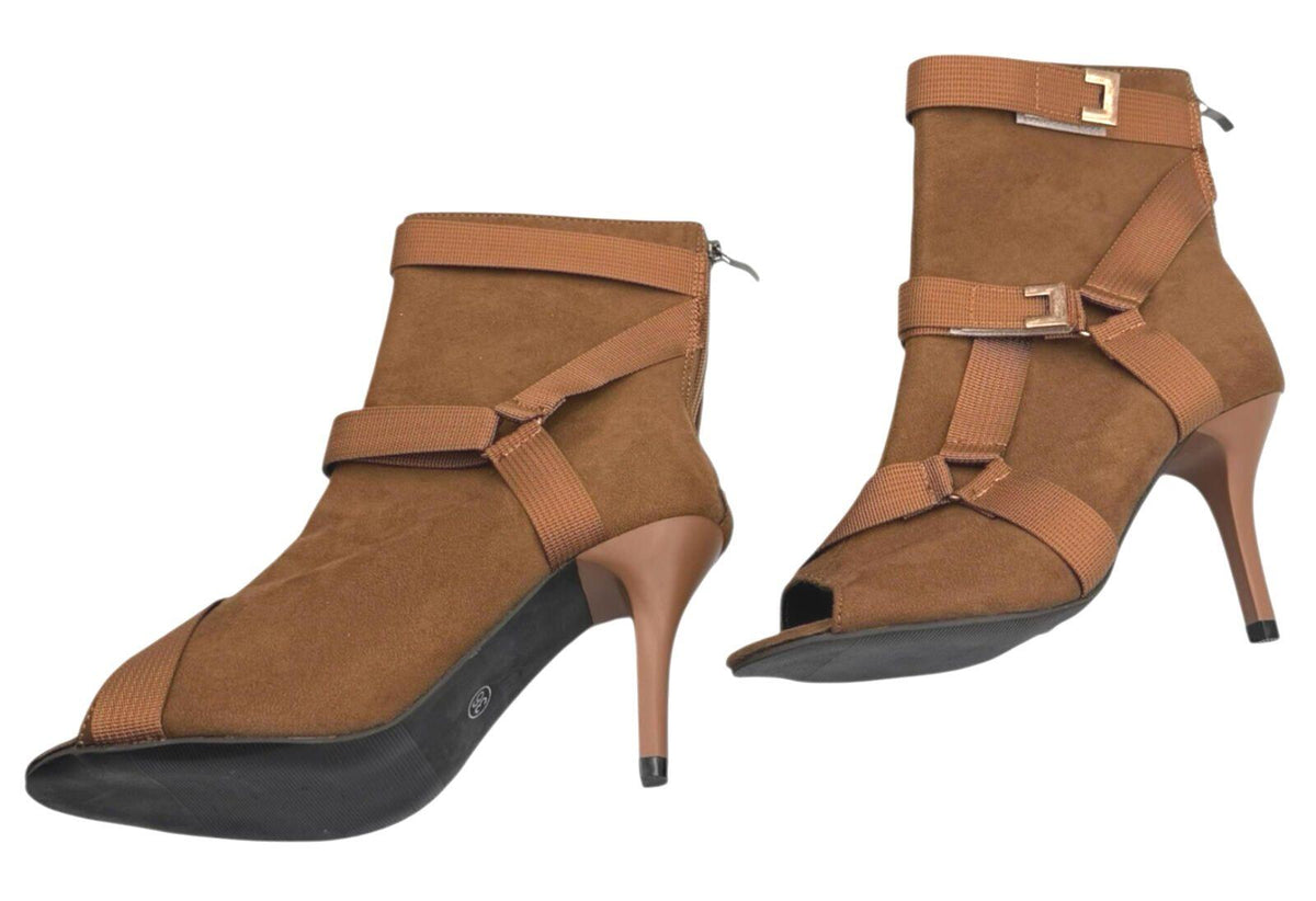 Brown Suede Calf Boots Women's UK Size 3 Peep Toe. Gold Buckles Stiletto Boots