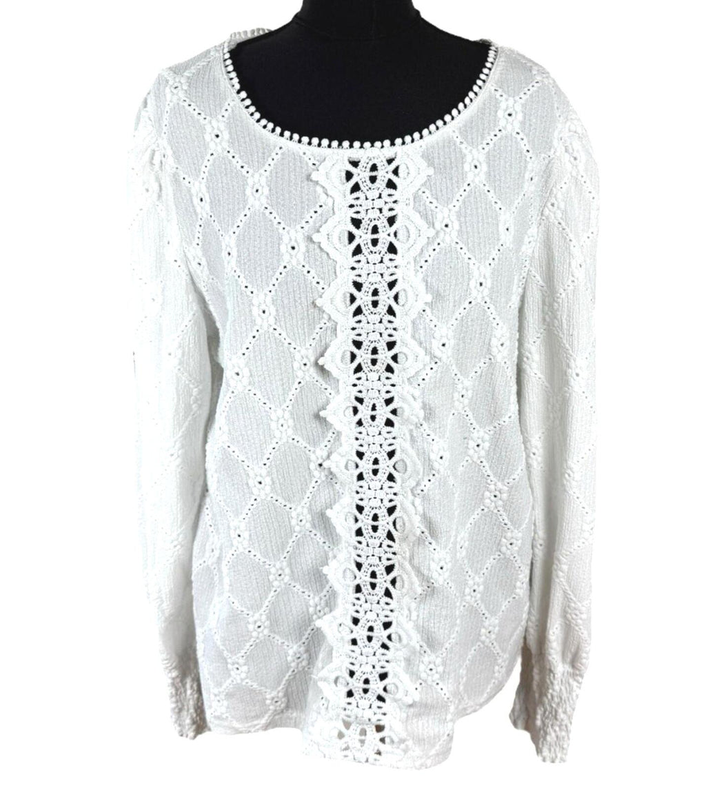 SHEIN White Shein Lace Blouse Women's UK Size XL White Long Sleeve Crochet Panel Round Neck
