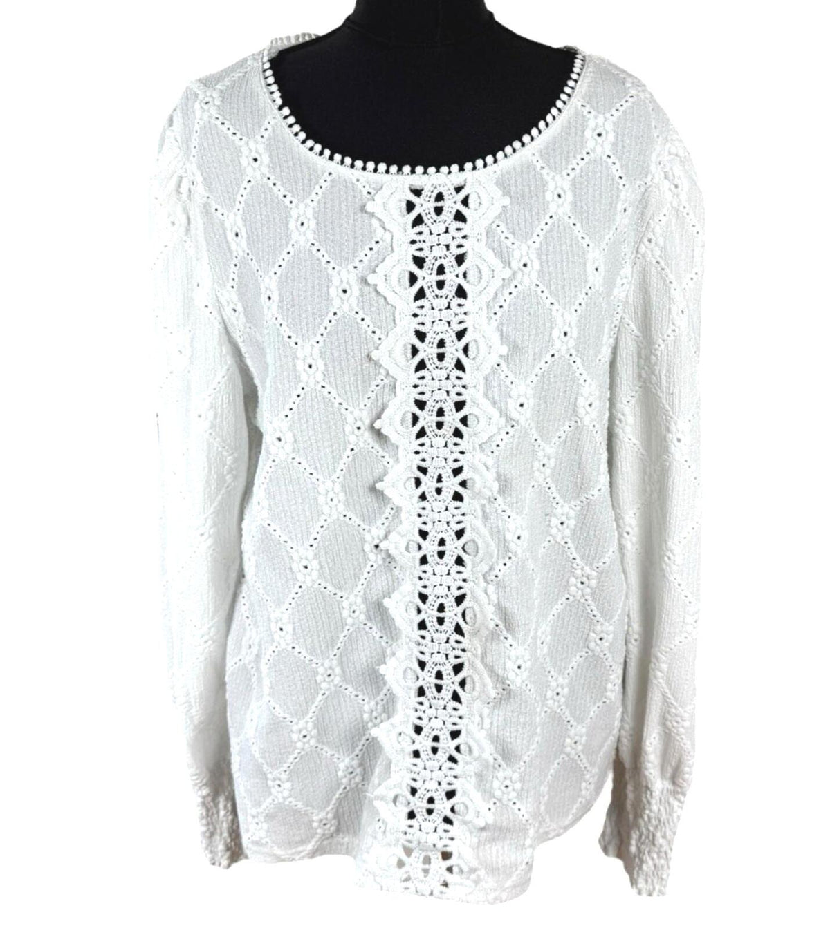 SHEIN White Shein Lace Blouse Women's UK Size XL White Long Sleeve Crochet Panel Round Neck