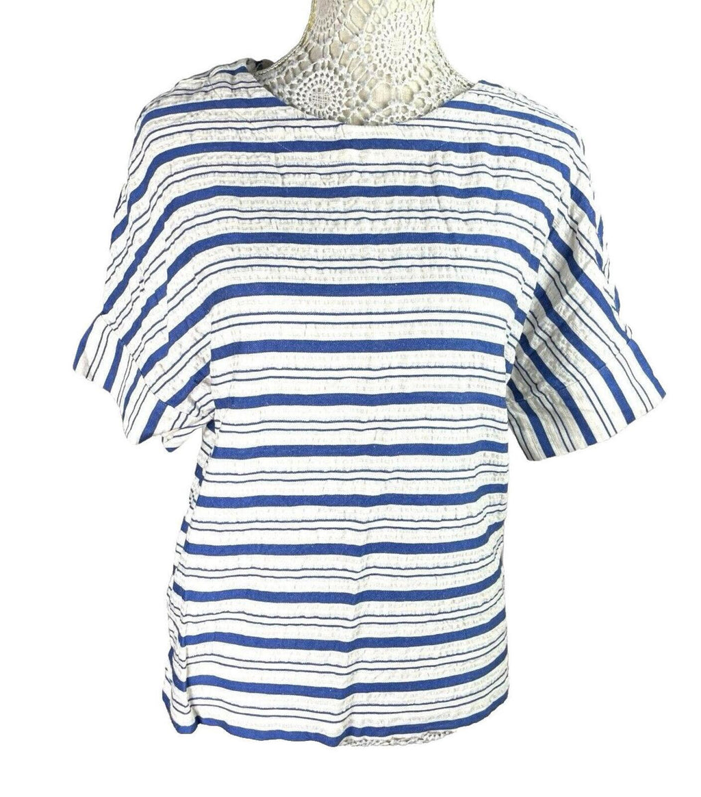 Per Una White Marks & Spencer Stripe T-Shirt Top Women's UK Size 10 Short Sleeve Linen Blend