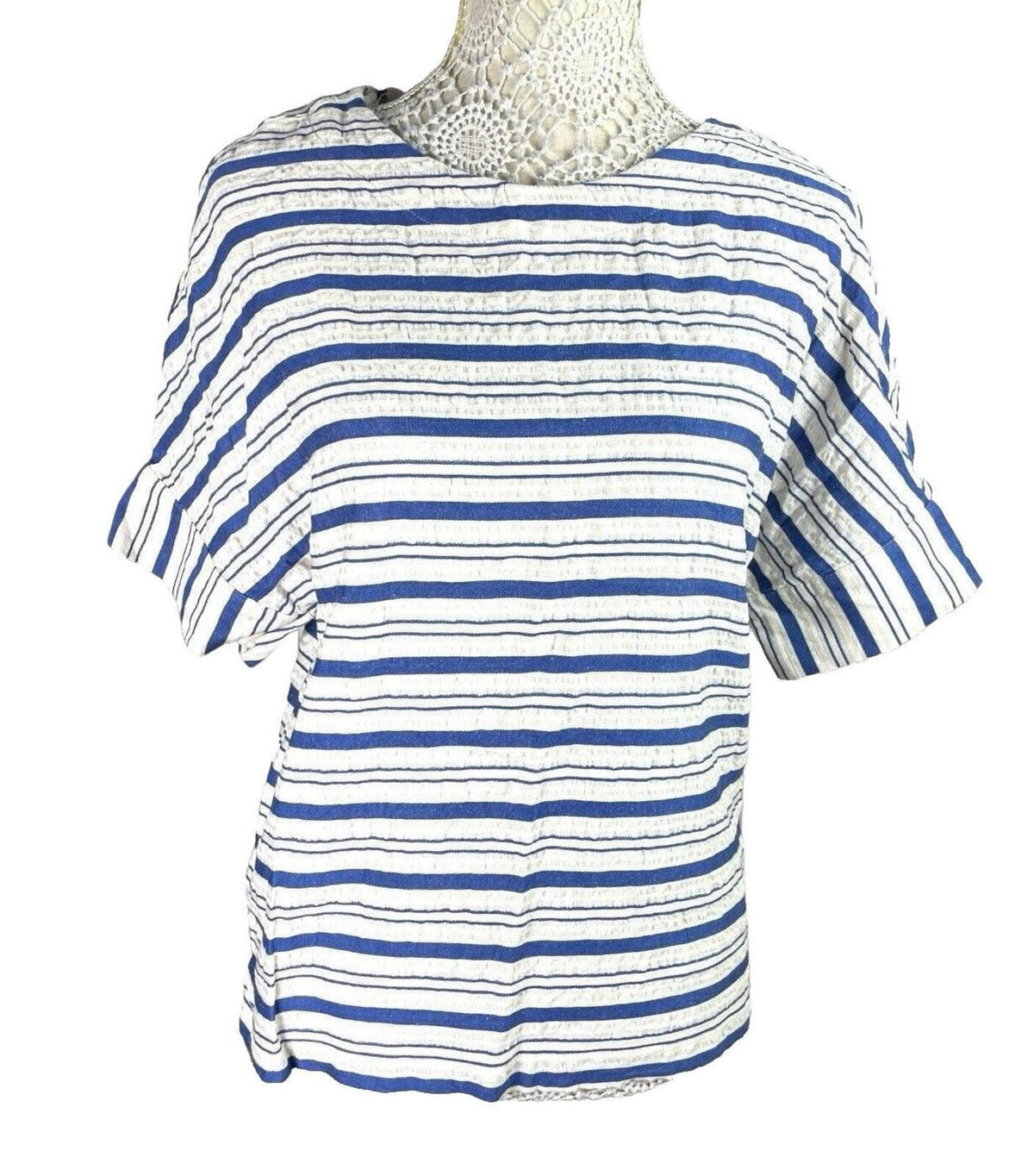 Per Una White Marks & Spencer Stripe T-Shirt Top Women's UK Size 10 Short Sleeve Linen Blend
