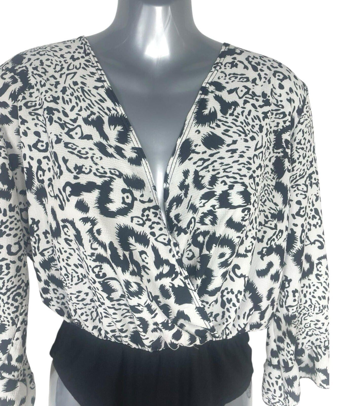Boohoo Animal Print Bodysuit Top Women's UK Size S Long Sleeve White Black