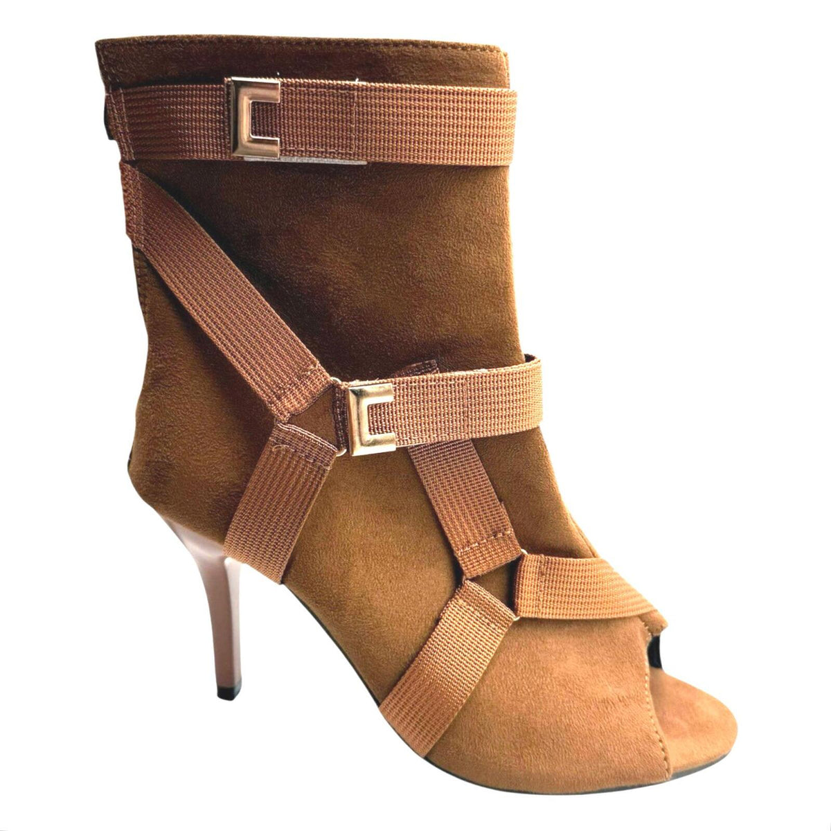 Brown Suede Calf Boots Women's UK Size 3 Peep Toe. Gold Buckles Stiletto Boots
