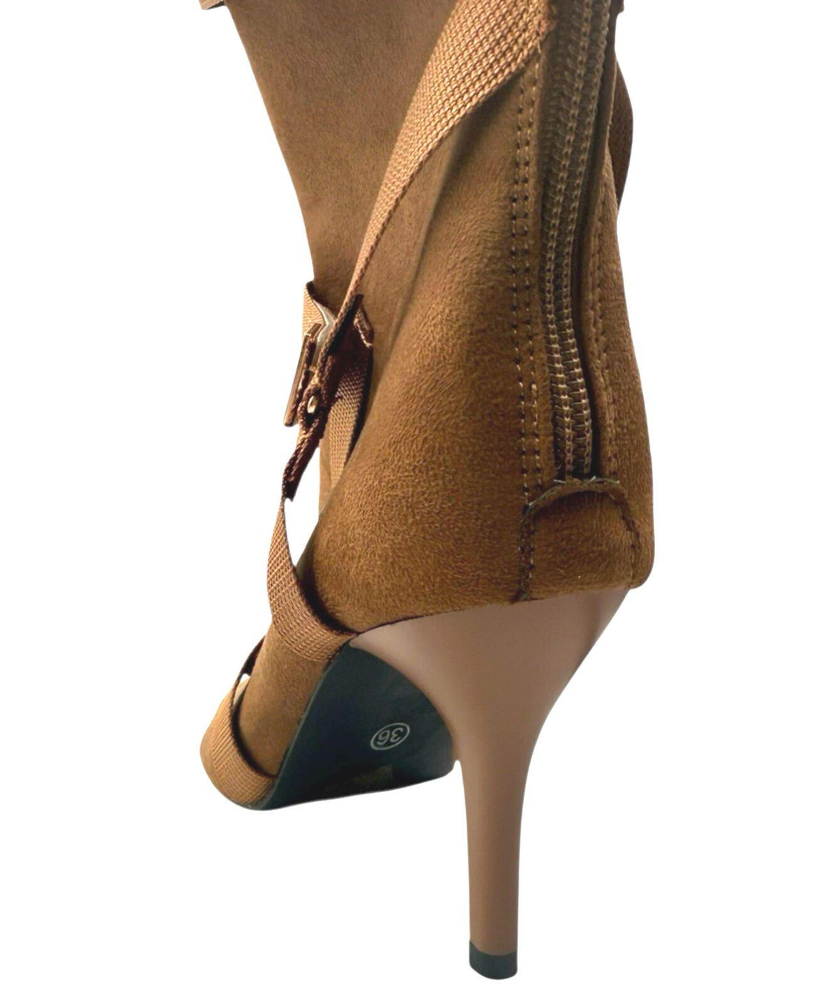 Brown Suede Calf Boots Women's UK Size 3 Peep Toe. Gold Buckles Stiletto Boots
