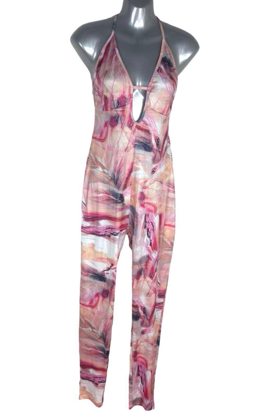 Shein Cut Out Jumpsuit Women's UK Size M Stretch Halter Neck Pink Open Back