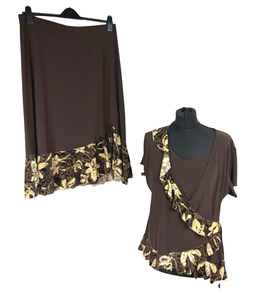 Saksos Skirt And Top Co-Ord Set Women's UK Size XL Stretch Floral Frill Brown