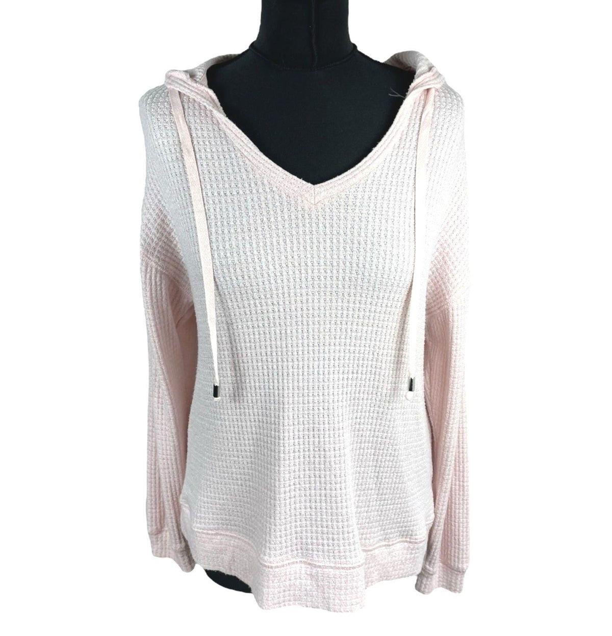 Lounge Wear Pink Waffle Knit Hooded Top Women's UK Size 10 Pale Pink Deep V-Neck Textured Sweater